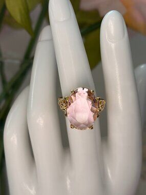 Blush Pink Statement Ring – Oversized Oval Crystal, Gold Tone Setting, Romantic